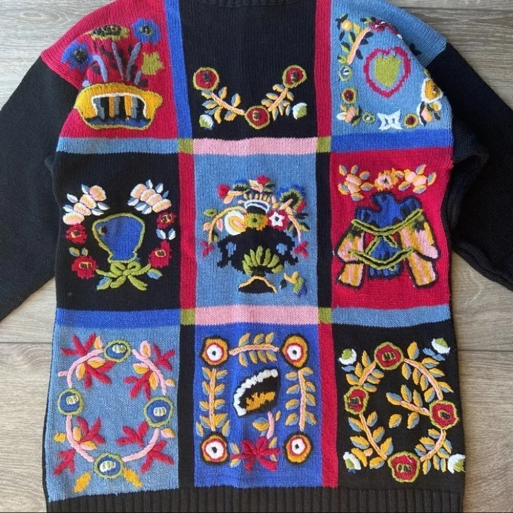 Vintage  Almost Heaven Hand Made Patchwork Embroidery Sweater - Picture 5 of 16